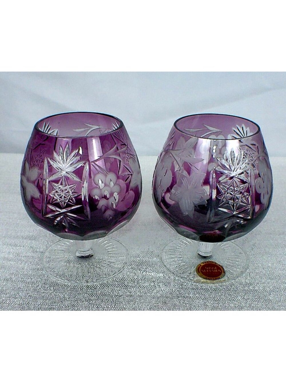 Vintage Yugoslavia Amethyst Cut to Clear Crystal Brandy Cognac Snifter Glasses